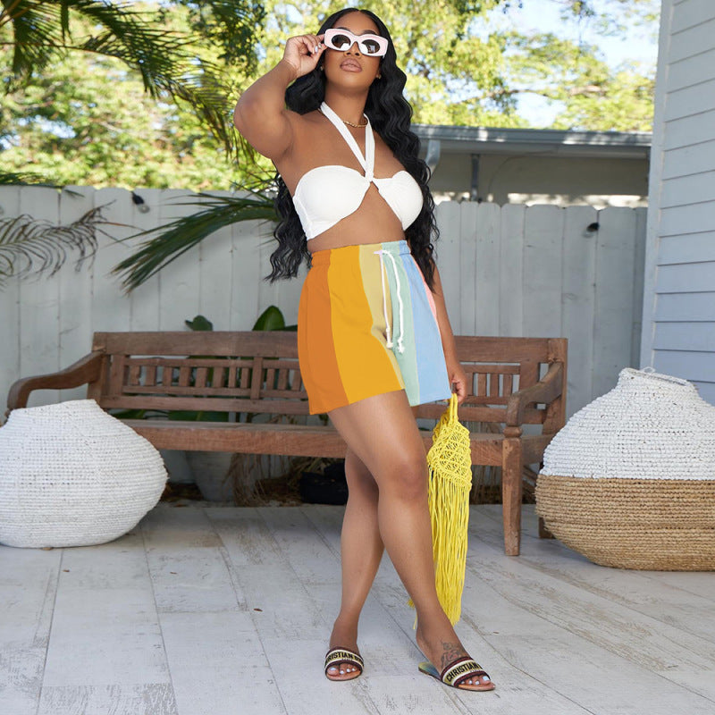 Women Fashion Casual Color Blocking Wide-Leg Shorts