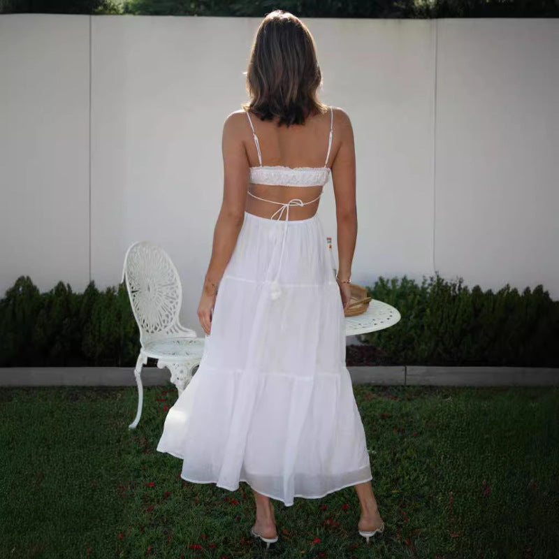 Women Fashion Casual Solid Color Strap Backless Hollow Maxi Dress