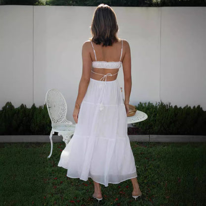 Women Fashion Casual Solid Color Strap Backless Hollow Maxi Dress