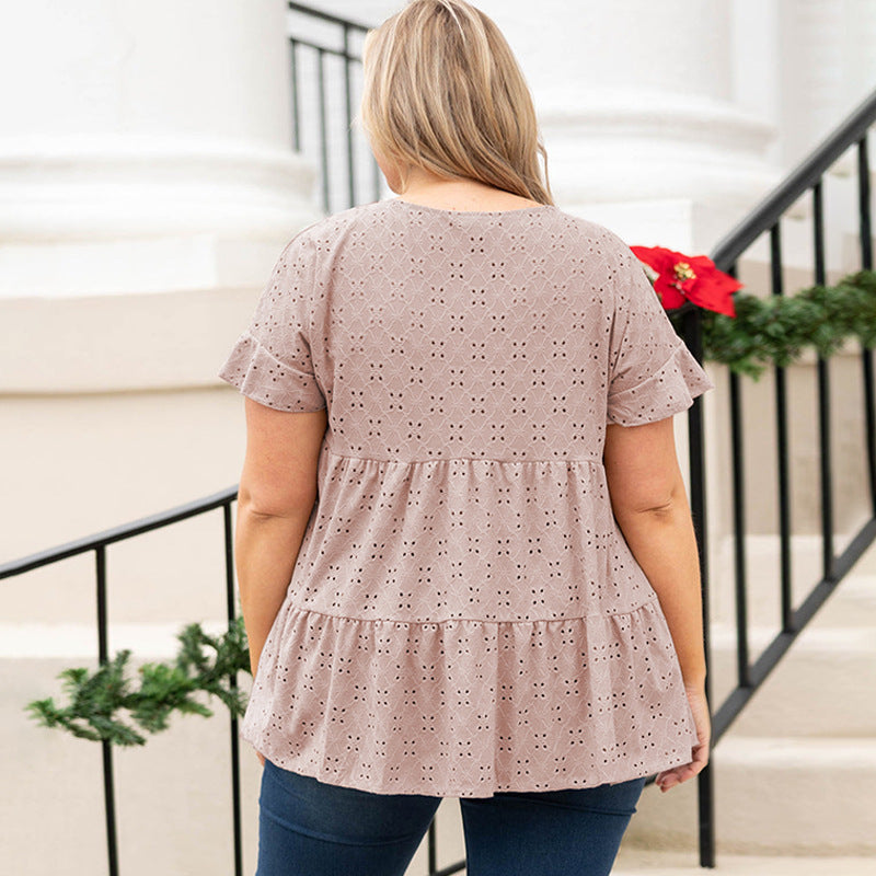 Plus Size Women Casual Solid Color Short-Sleeved T-Shirt Blouse