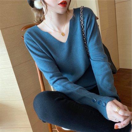 Women Casual Solid Color V-Neck Knitted Long Sleeve Sweater