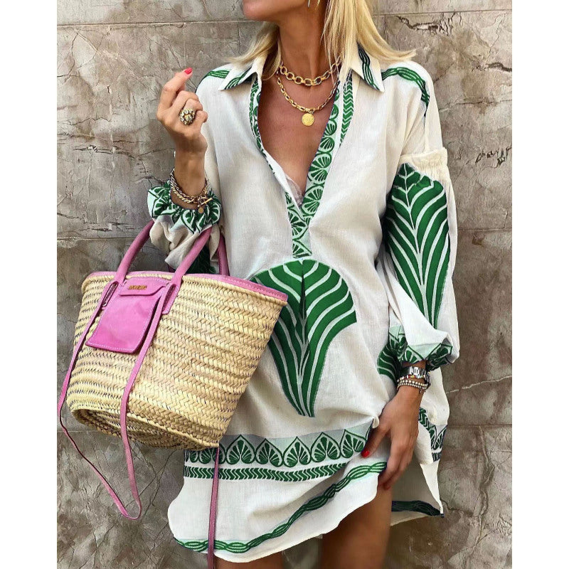 Vestido informal de manga larga con estampado geométrico y escote en V para mujer