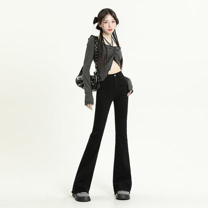 Vaqueros acampanados de mezclilla con dobladillo sin rematar, de color liso, informales, a la moda para mujer