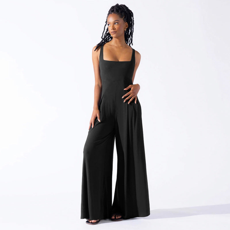 Women Fashion Casual Solid Color Strap Wide Leg Jumpsuits