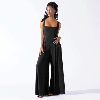 Women Fashion Casual Solid Color Strap Wide Leg Jumpsuits