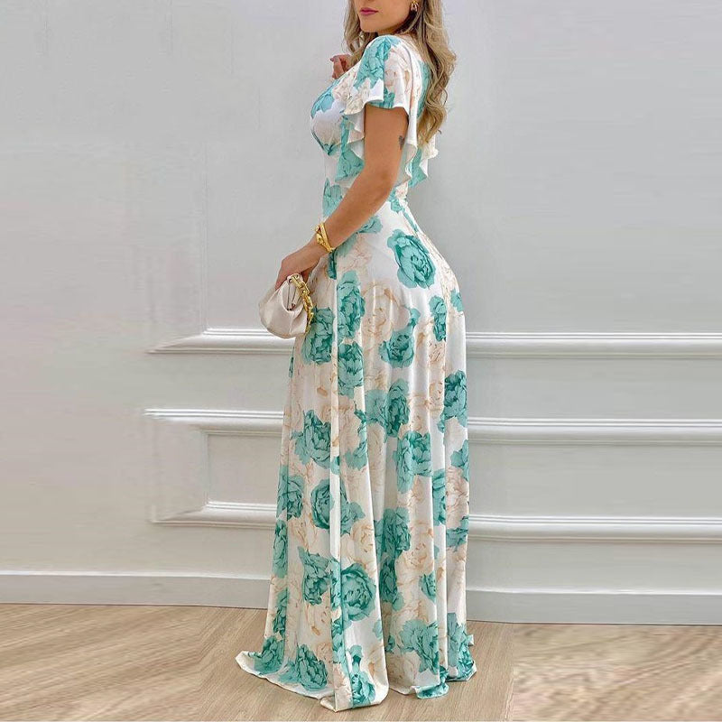 Women Fashion Casual Floral Printing V-Neck Flare Sleeve Dress