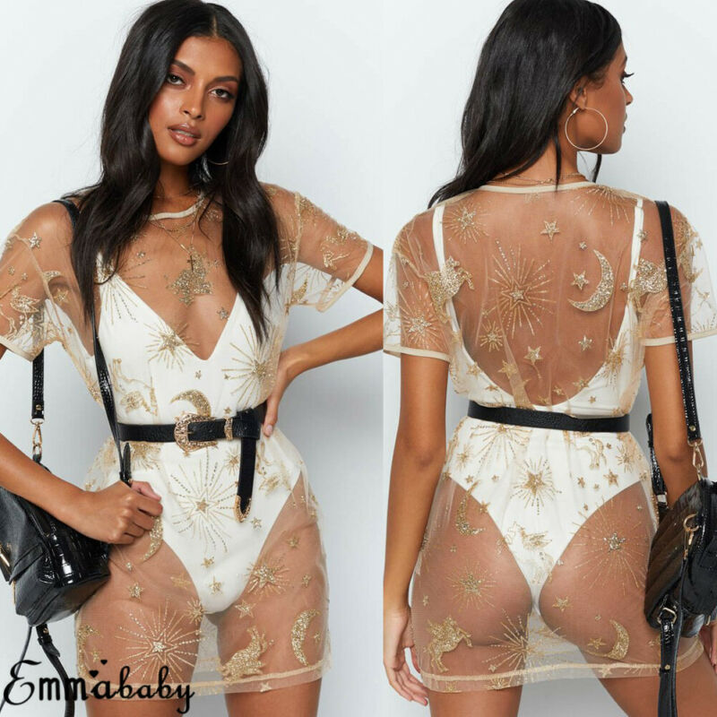 Vestido playero informal de verano transparente de malla atrevida y sexy para mujer