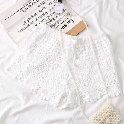 Women Loose Casual Crochet Knitted Solid Color Middle Waist Shorts