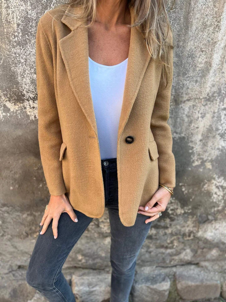 Plus Size Autumn And Winter Women Casual Woolen Lapel Button Fake Pocket Blazer