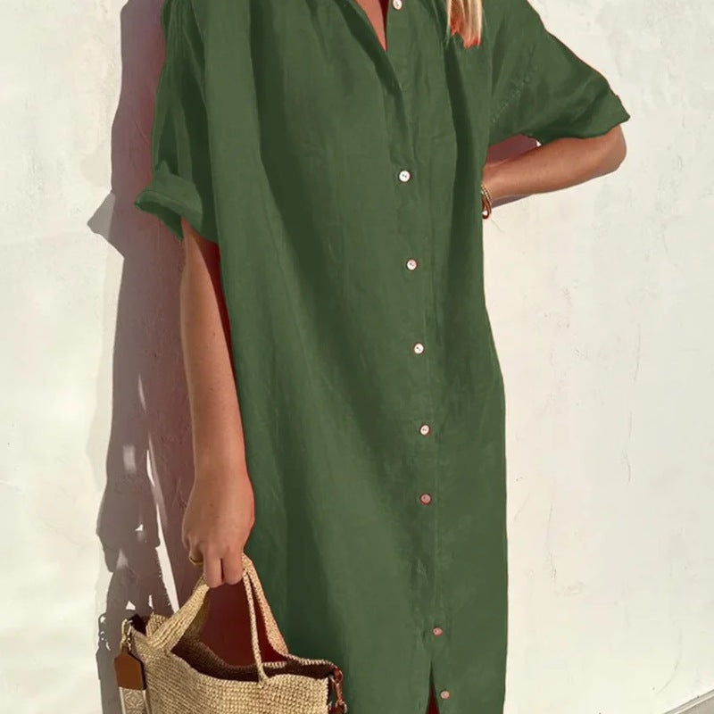 Women Elegant Casual Loose Short-Sleeved Button Cotton Linen Long Pocket Maxi Shirt Dress
