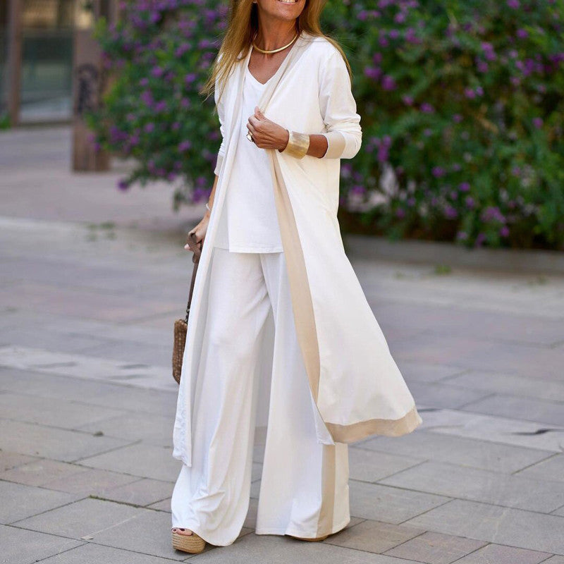 Conjunto de tres piezas para mujer: chaleco sin mangas de color liso y cárdigan informal de manga larga con chaqueta y pantalón