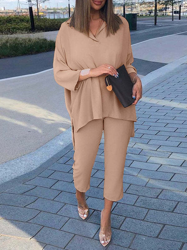 Conjunto de dos piezas de top y pantalón de manga larga con cintura elástica informal de algodón de color liso para mujer