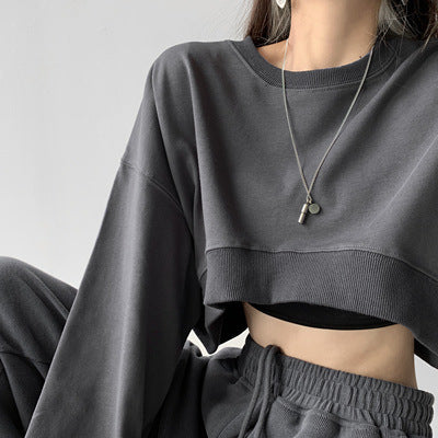 Women Basic Casual Edgy Long Sleeve Autumn Solid Color Crop Top