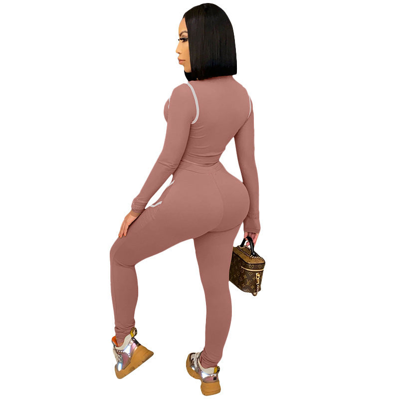 Women Fashion Casual Athleisure Stripe Mesh Patchwork Long Sleeve Zipper Top And Skinny Pants Sports Set