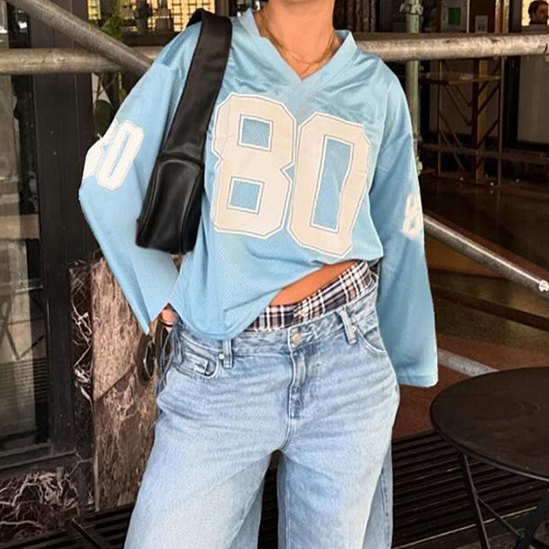 Camiseta de jersey de manga corta con cuello en V y estampado digital holgado informal para mujer