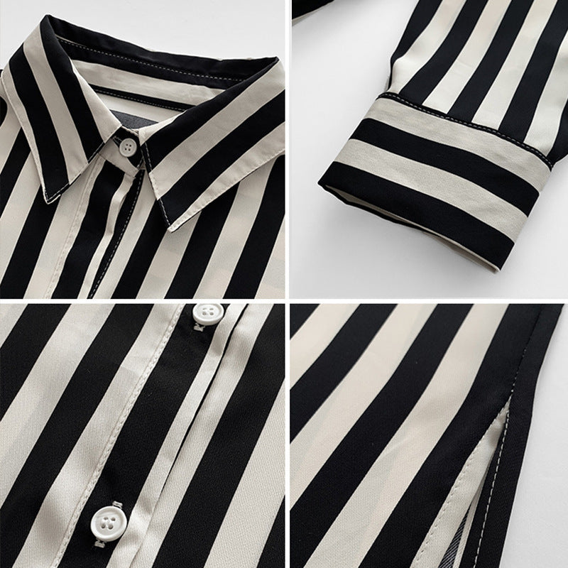 Blusas casuales de manga larga con estampado de rayas blancas y negras para mujer