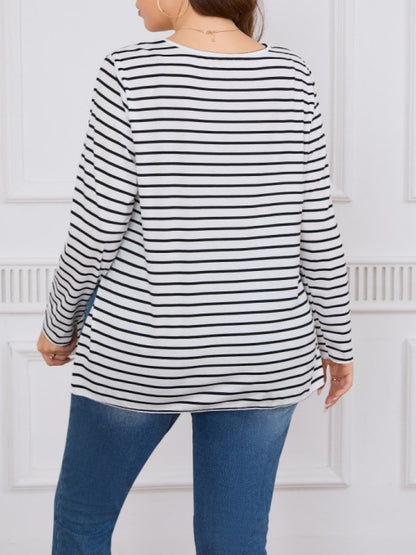 Women Casual Plus Size Loose Stripe Long-Sleeve Top