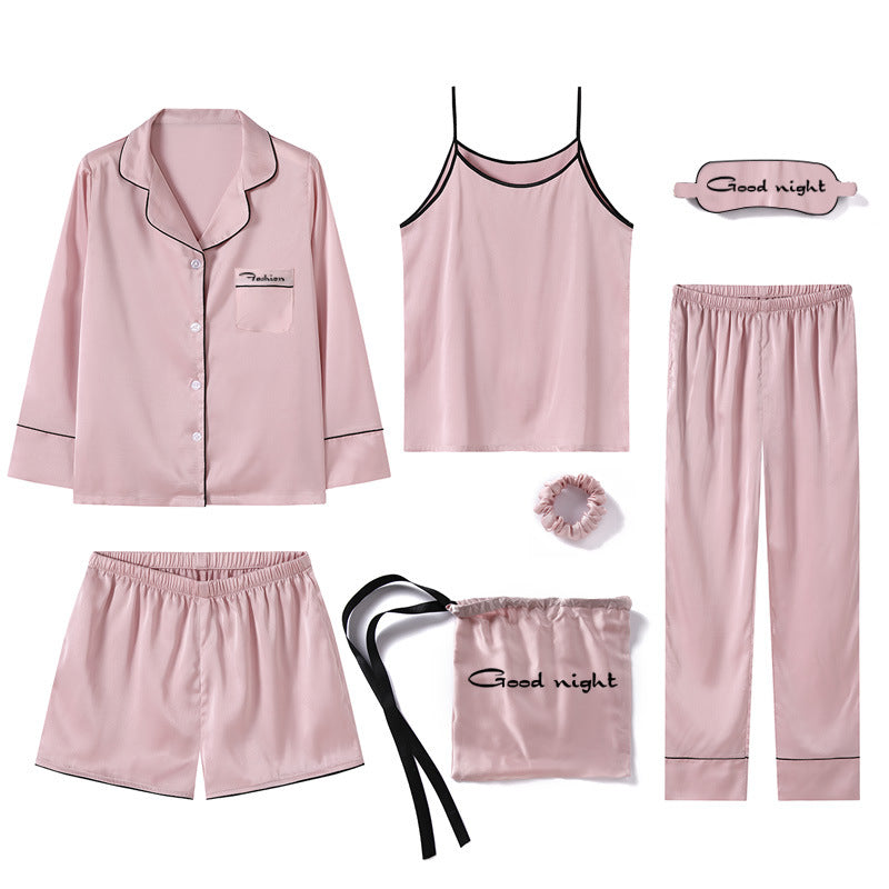 Conjunto de pijama fino de siete piezas con estampado de rayas informal sencillo para mujer