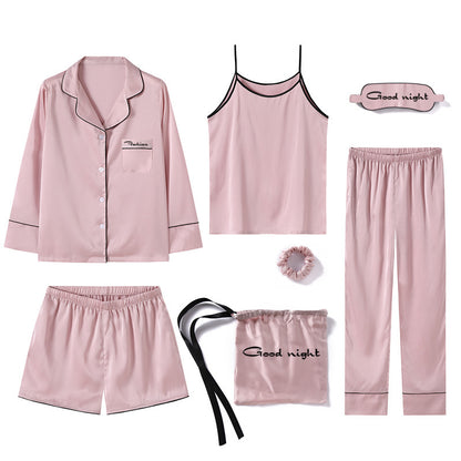 Conjunto de pijama fino de siete piezas con estampado de rayas informal sencillo para mujer