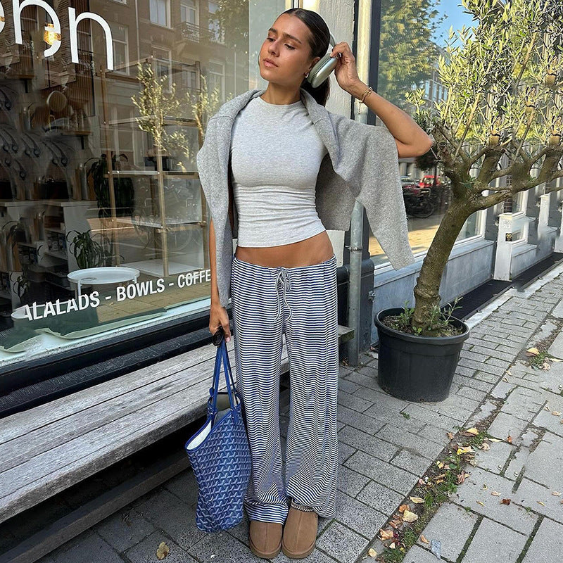 Women Fashion Casual Stripe High-Waist Lace-Up Loose Pants