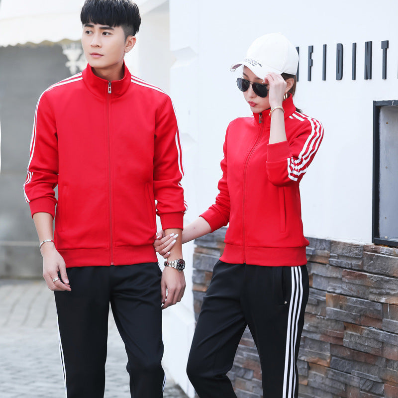 Conjunto deportivo informal para hombre y mujer con sudadera y pantalones de chándal con cremallera y estampado de rayas en contraste para pareja