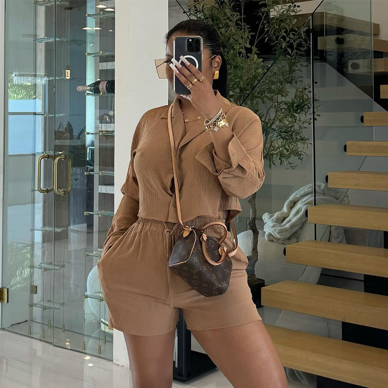 Women Fashion Casual Solid Color Long Sleeve Lapel Top Drawstring Shorts Two-Piece Set