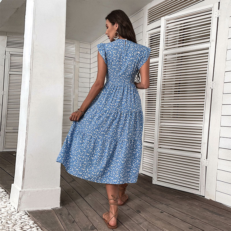 Women Casual floral Printing Round Neck Ruffled Dress