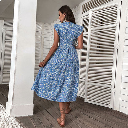 Women Casual floral Printing Round Neck Ruffled Dress