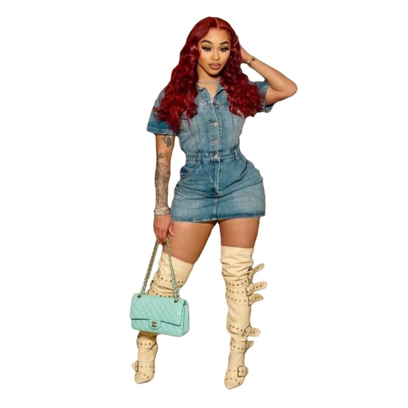 Summer Women Fashion Casual Lapel Button Short Sleeve Denim Dress