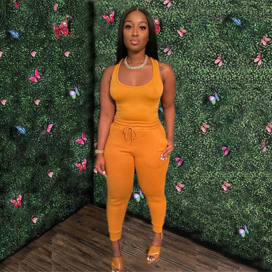 Women Fashion Casual Solid Color Tight Tank Top High Waist Drawstring Pants Two-Piece Set