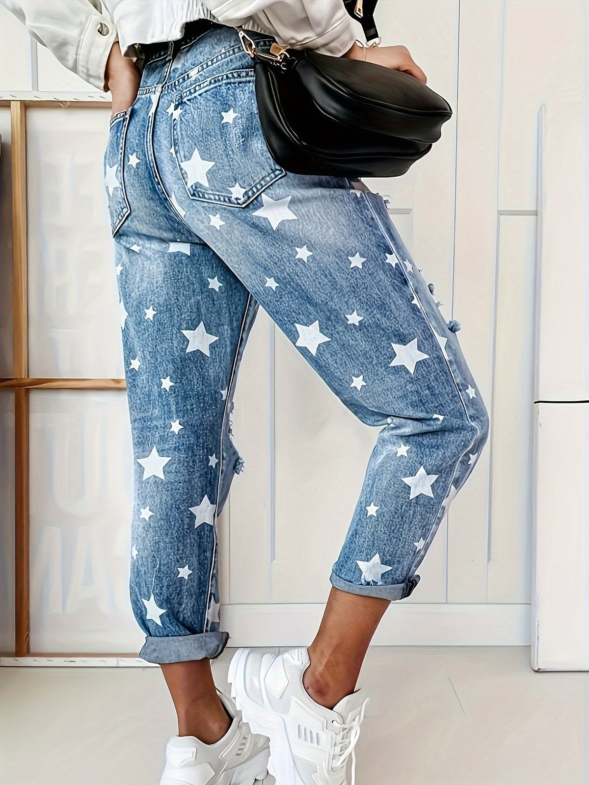 Vaqueros rectos casuales con estampado de estrellas rasgados para mujer