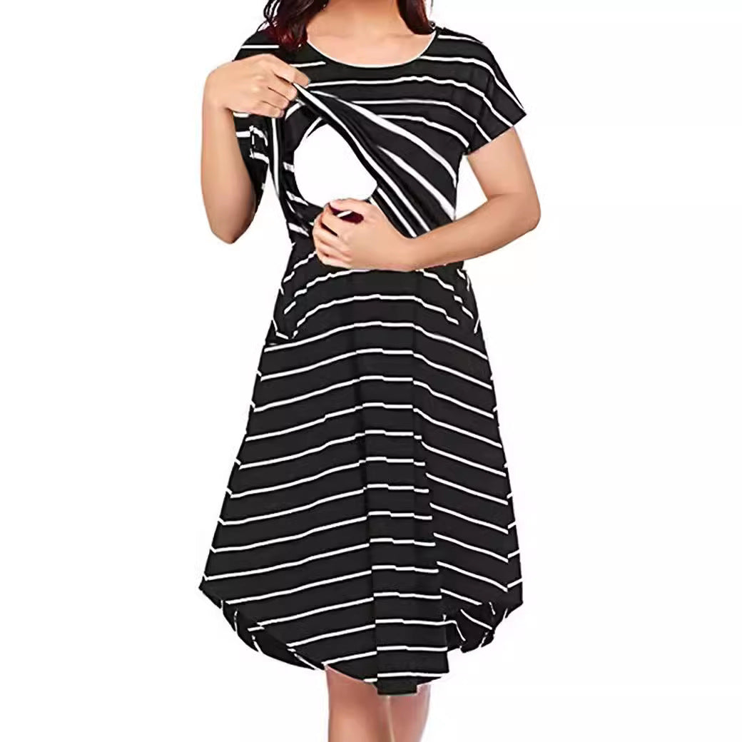 Pregnant Woman Fashion Casual Stripe Round-Neck Short-Sleeve Breastfeeding Dress