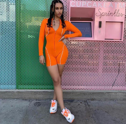 Women Long Sleeve Zipper Stand Collar Slim Fit Waist Casual Fashion Rompers