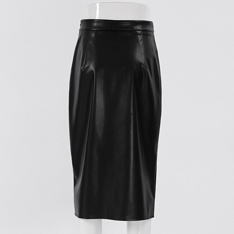 Spring And Autumn Women Casual Pu Leather Split High Waist Skirt