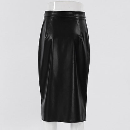 Spring And Autumn Women Casual Pu Leather Split High Waist Skirt