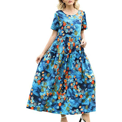 Vestido largo holgado informal de manga corta con cuello redondo y estampado geométrico para mujer