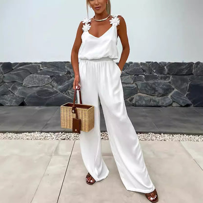 Women Fashion Casual Loose Solid Color V-Neck Strap Sleeveless Pocket Jumpsuits