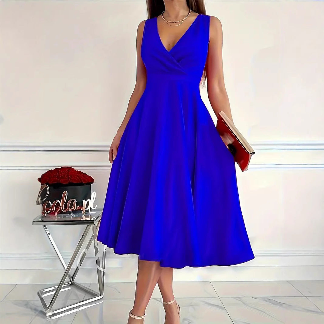 Simple Basic Solid Color Casual Sleeveless V Neck Midi Dress