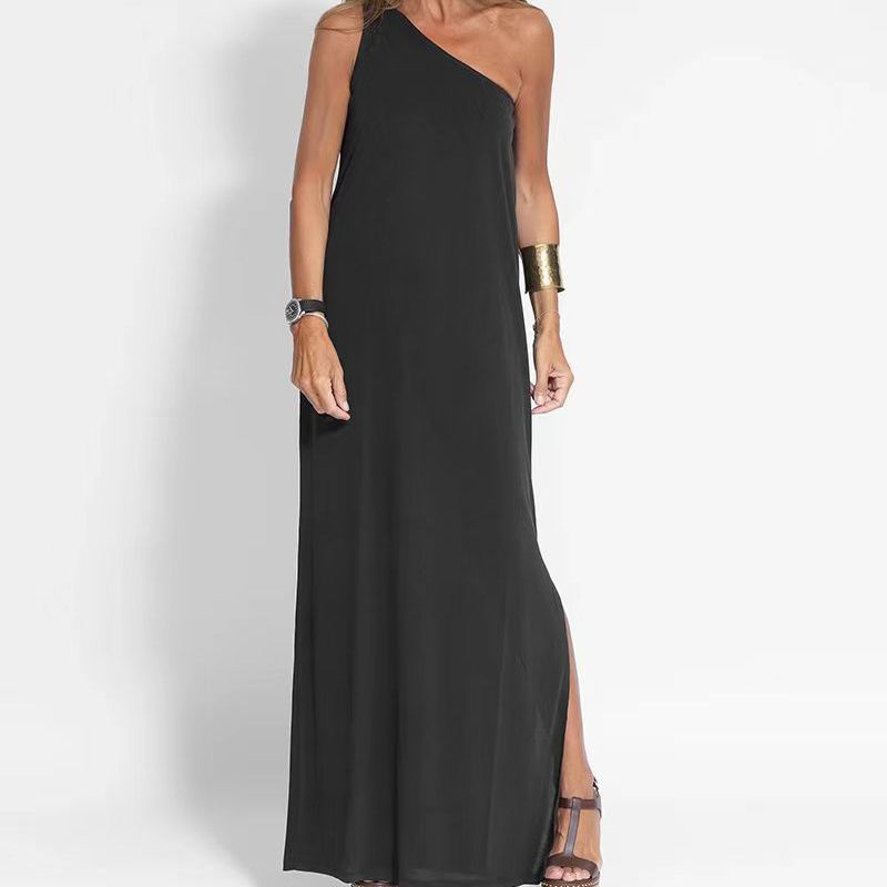 Women Casual Fashion Summer Vacation Slanted Shoulder Solid Color Loose Maxi Dress
