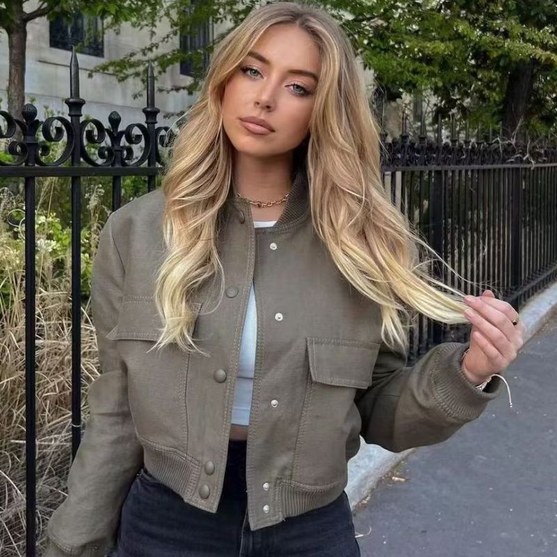 Chaqueta de manga larga con bolsillos grandes y cuello informal para mujer, moda de primavera y otoño