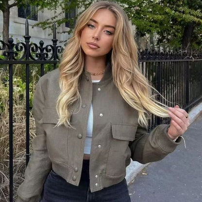 Chaqueta de manga larga con bolsillos grandes y cuello informal para mujer, moda de primavera y otoño