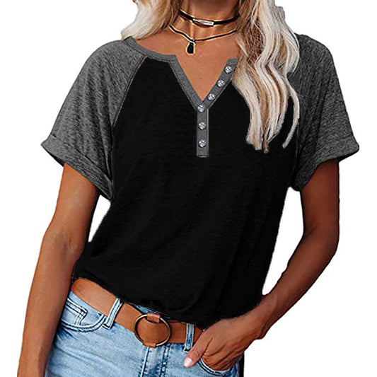 Camiseta informal de manga corta con cuello en V y botones para mujer, estilo holgado y con bloques de color