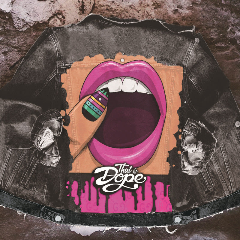 Chaqueta vaquera informal de manga larga con estampado gráfico y botonadura sencilla para mujer