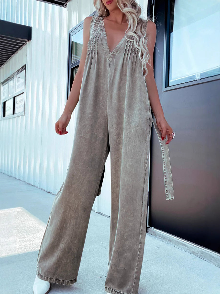 Women Fashion Casual Pleated V-Neck Sleeveless Backless Denim Jumpsuits