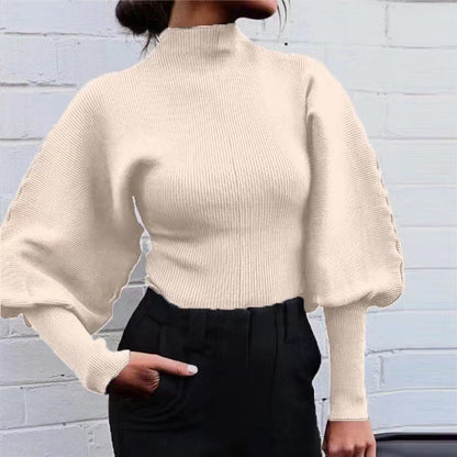 Women Casual Long Lantern Sleeve Pullover Turtleneck Knitted Sweater