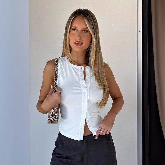 Camiseta sin mangas informal de color liso con botonadura sencilla para mujer