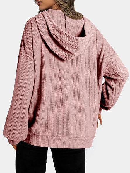 Sudadera con capucha de manga larga holgada con bolsillo y punto acanalado para mujer, informal, para otoño e invierno