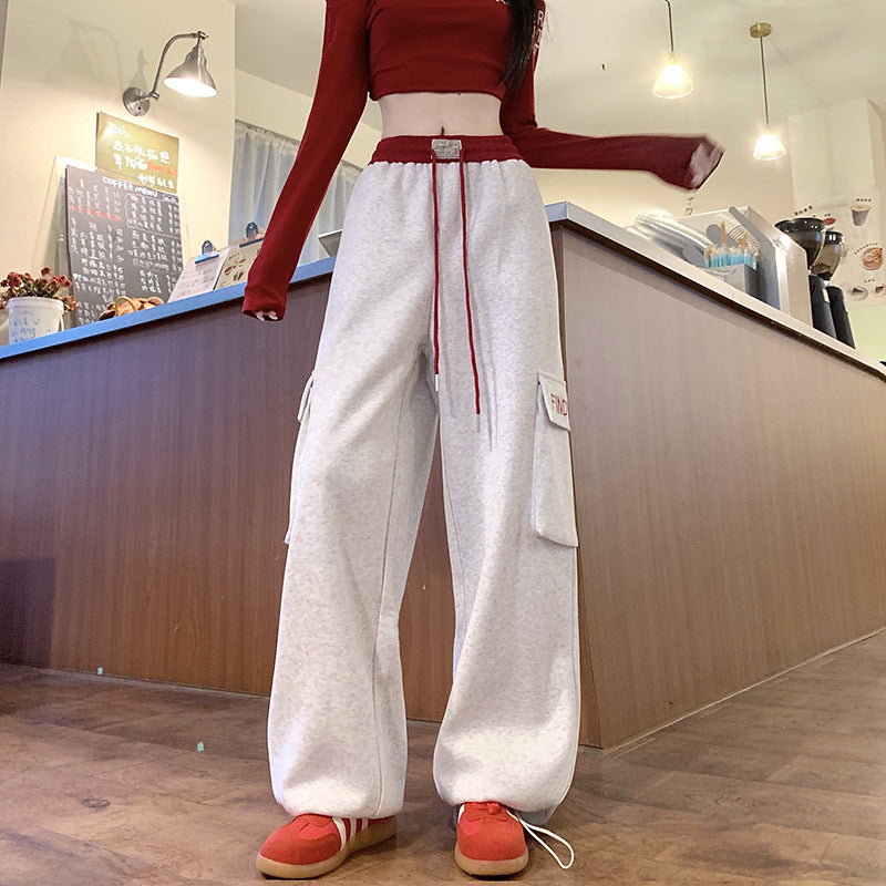 Women Fashion Casual Pockets Drawstring Wide Leg Pants