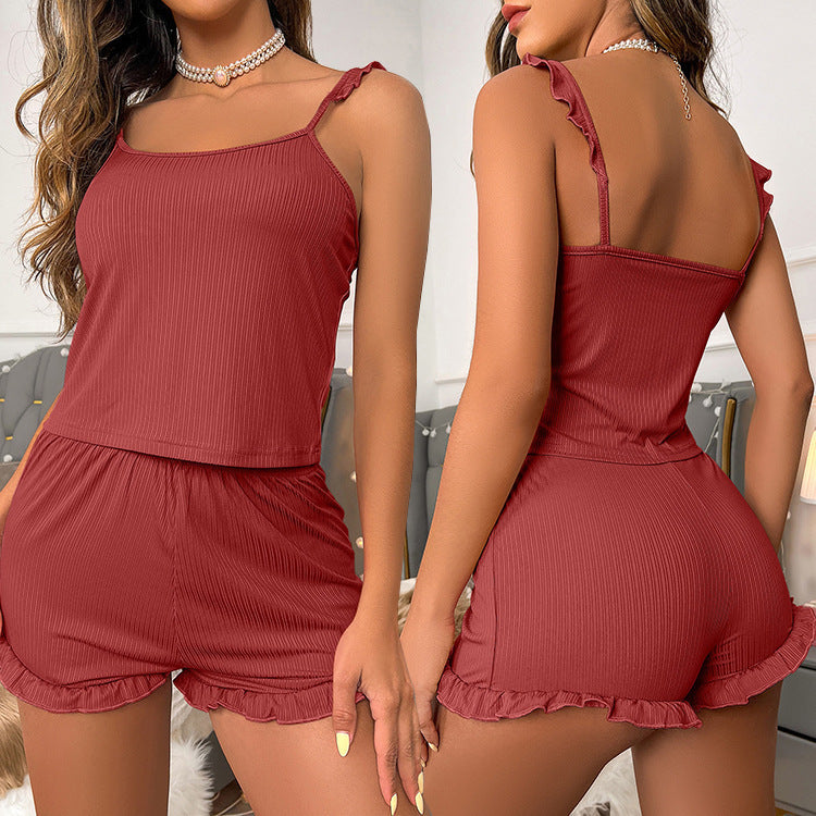 Women Fashion Casual Ribbed Lace Sexy Camisole Top Shorts Set