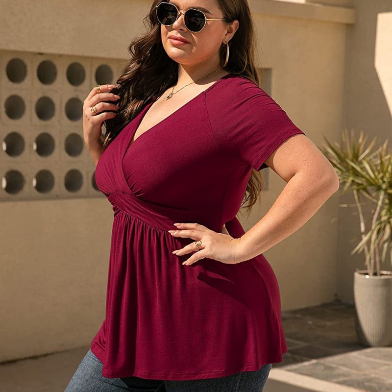 Women Fashion Casual Solid Color V-Neck Short Sleeve Plus Size Top